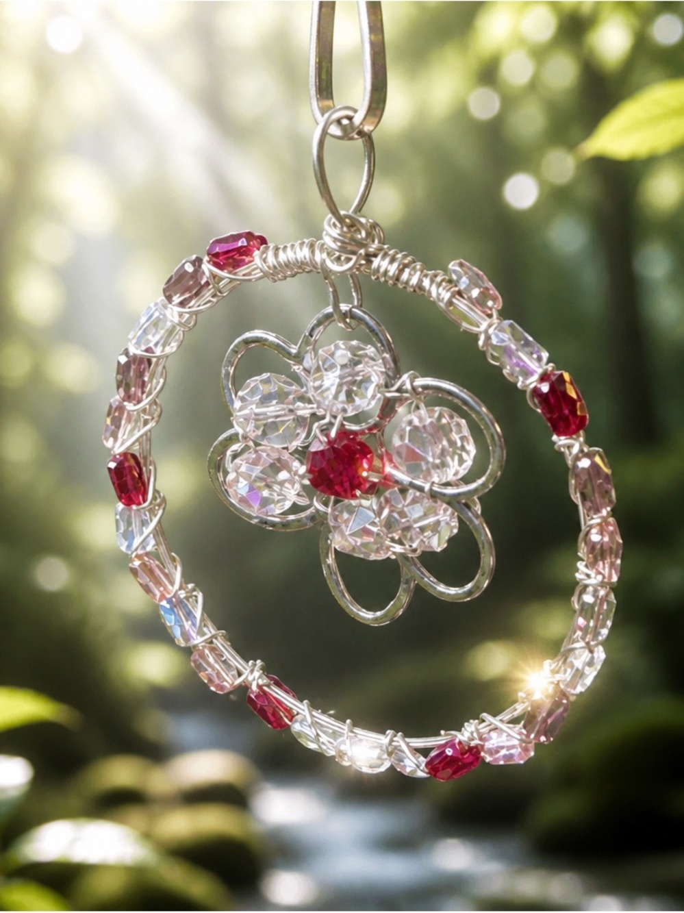 Silver Wire Flower Sun Catcher Necklace with Clear and Red Crystal Beads
